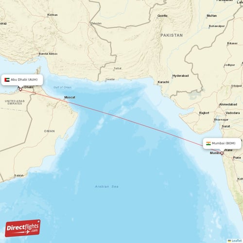 Mumbai - Abu Dhabi direct flight map