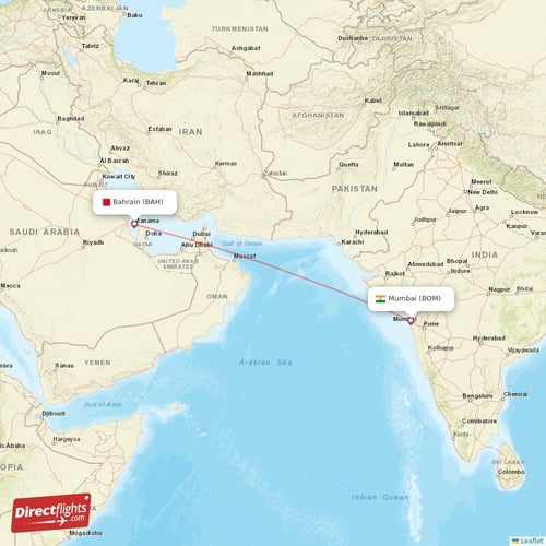 Mumbai - Bahrain direct flight map