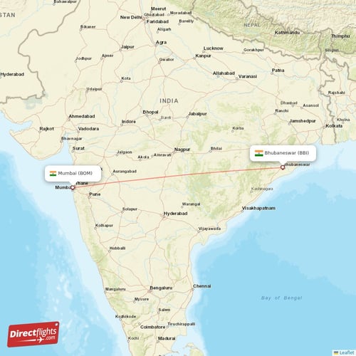 Mumbai - Bhubaneswar direct flight map