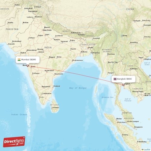 Mumbai - Bangkok direct flight map