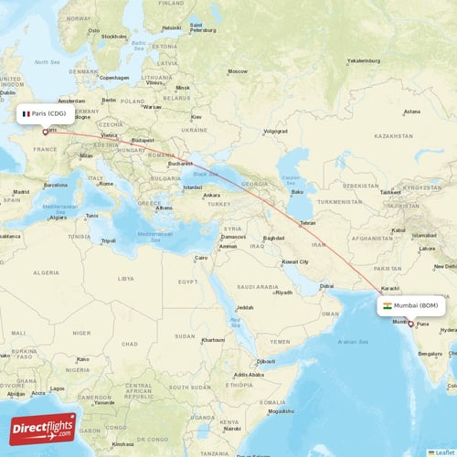 Mumbai - Paris direct flight map