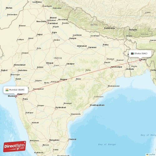 Mumbai - Dhaka direct flight map