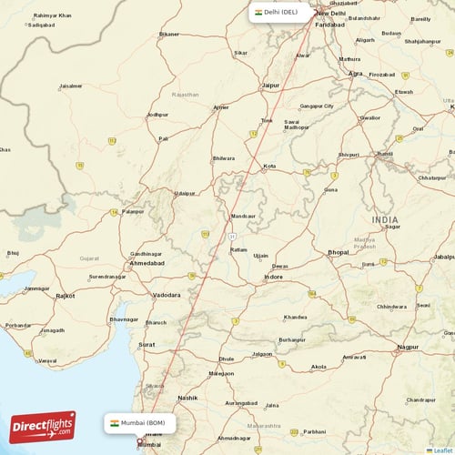 Mumbai - Delhi direct flight map