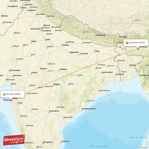 Mumbai - Guwahati direct flight map