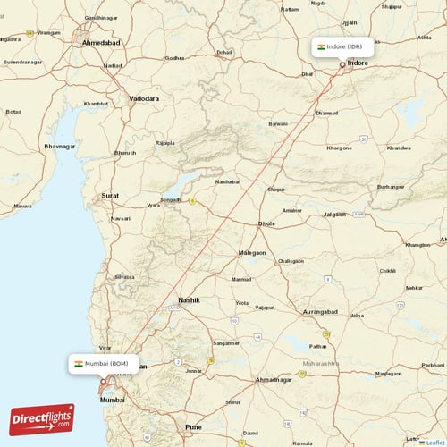 Mumbai - Indore direct flight map