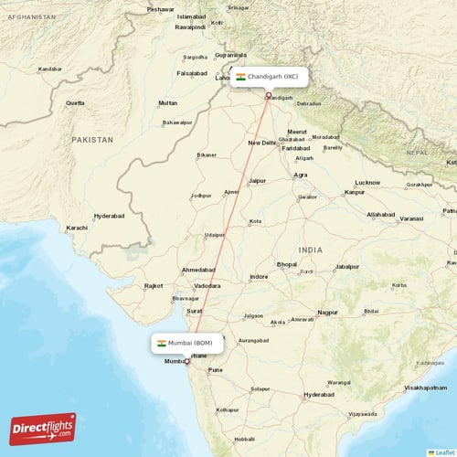 Mumbai - Chandigarh direct flight map