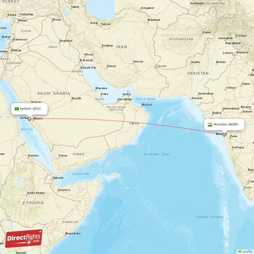 Mumbai - Jeddah direct flight map