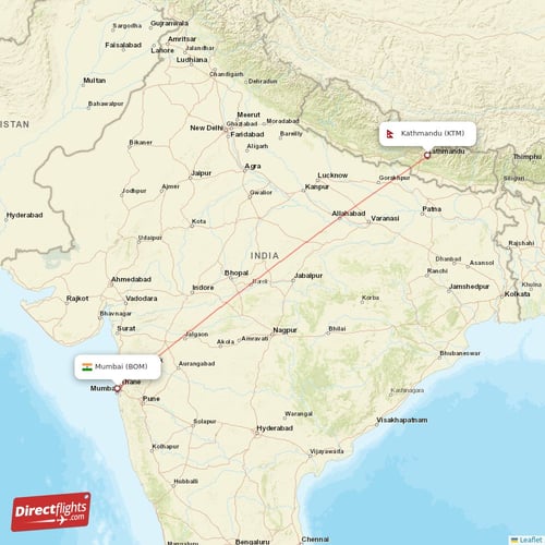 Mumbai - Kathmandu direct flight map