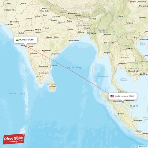 Mumbai - Kuala Lumpur direct flight map