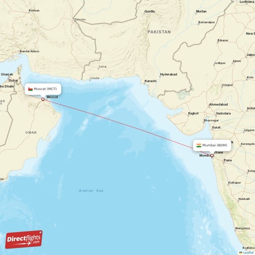 Mumbai - Muscat direct flight map
