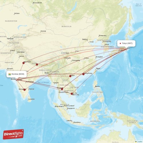 Mumbai - Tokyo direct flight map