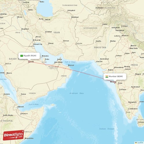 Mumbai - Riyadh direct flight map