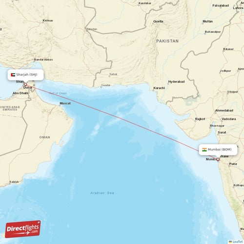 Mumbai - Sharjah direct flight map