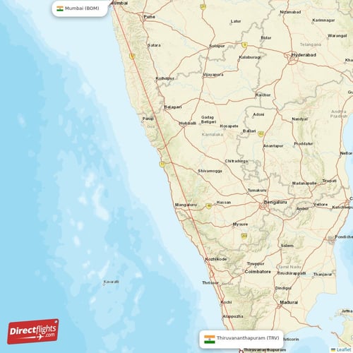 Mumbai - Thiruvananthapuram direct flight map