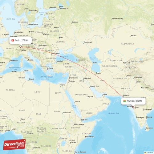 Mumbai - Zurich direct flight map