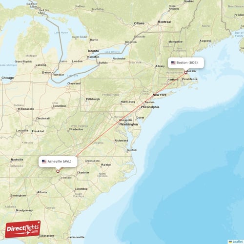 Boston - Asheville direct flight map