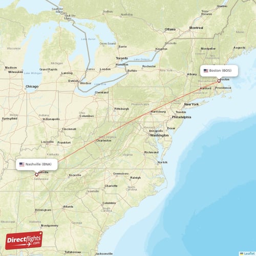 Boston - Nashville direct flight map