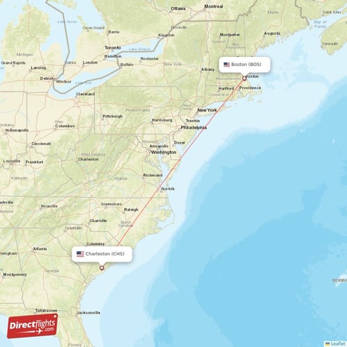 Boston - Charleston direct flight map