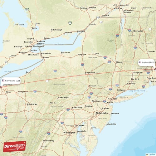 Boston - Cleveland direct flight map