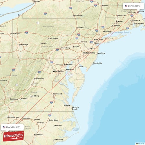 Boston - Charlotte direct flight map
