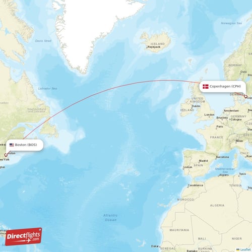 Boston - Copenhagen direct flight map