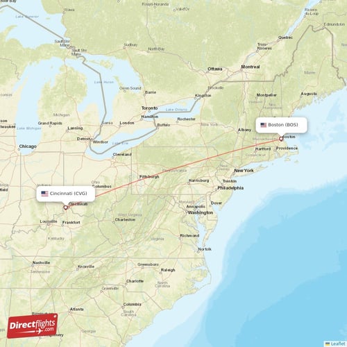 Boston - Cincinnati direct flight map