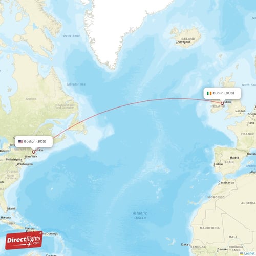 Boston - Dublin direct flight map