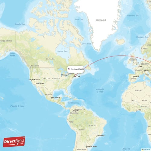 Boston - Dubai direct flight map