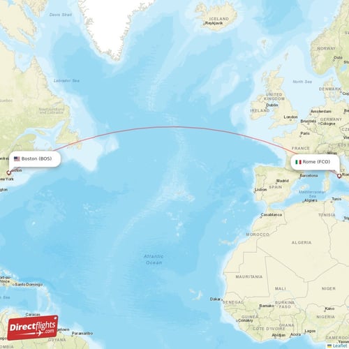 Boston - Rome direct flight map