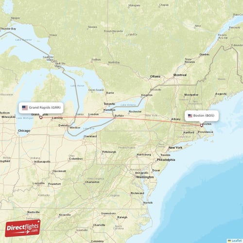 Boston - Grand Rapids direct flight map