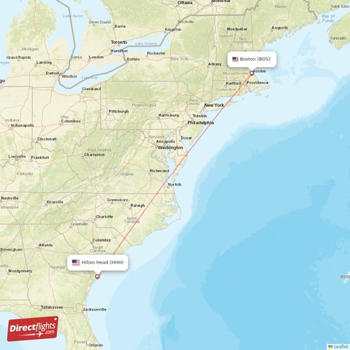 Boston - Hilton Head direct flight map