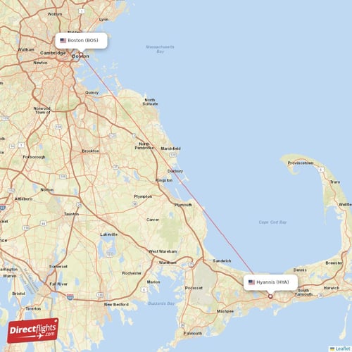 Boston - Hyannis direct flight map