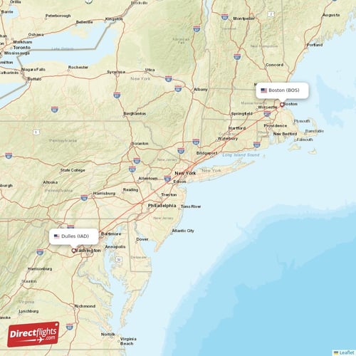Boston - Dulles direct flight map