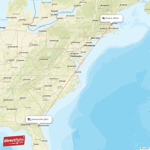 Boston - Jacksonville direct flight map