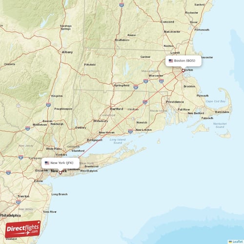 Boston - New York direct flight map