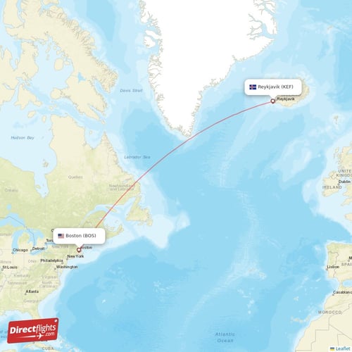 Boston - Reykjavik direct flight map