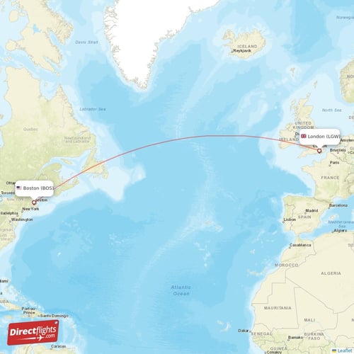 Boston - London direct flight map