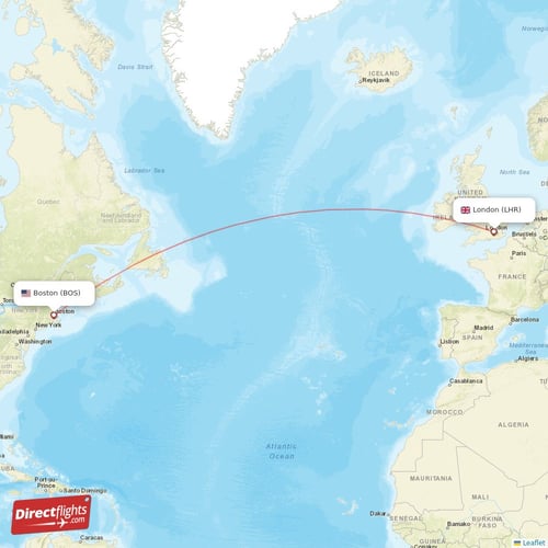 Boston - London direct flight map