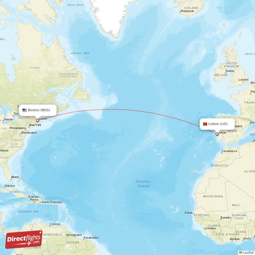 Boston - Lisbon direct flight map