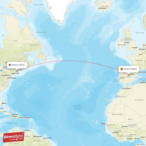 Boston - Madrid direct flight map