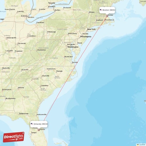 Boston - Orlando direct flight map