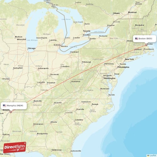 Boston - Memphis direct flight map