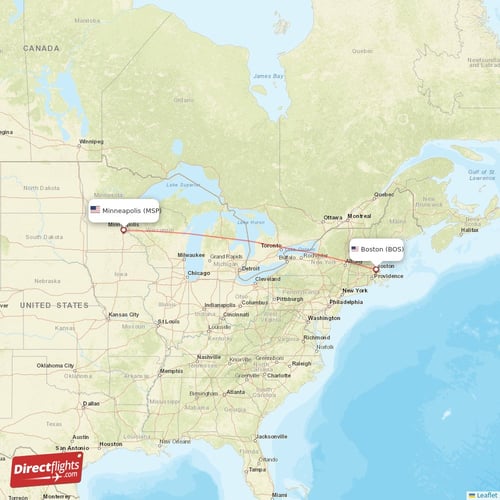 Boston - Minneapolis direct flight map