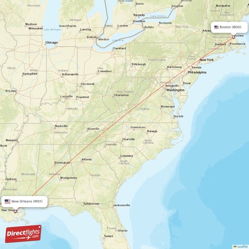 Boston - New Orleans direct flight map