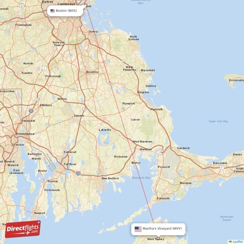 Boston - Martha's Vineyard direct flight map