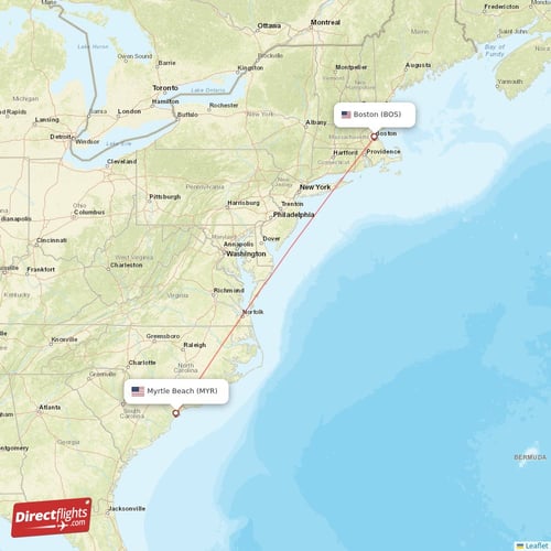 Boston - Myrtle Beach direct flight map