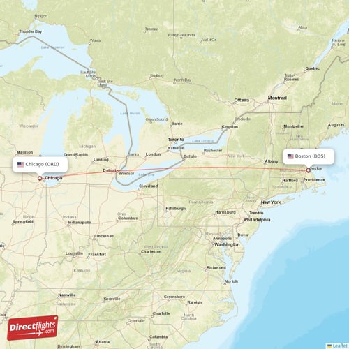 Boston - Chicago direct flight map