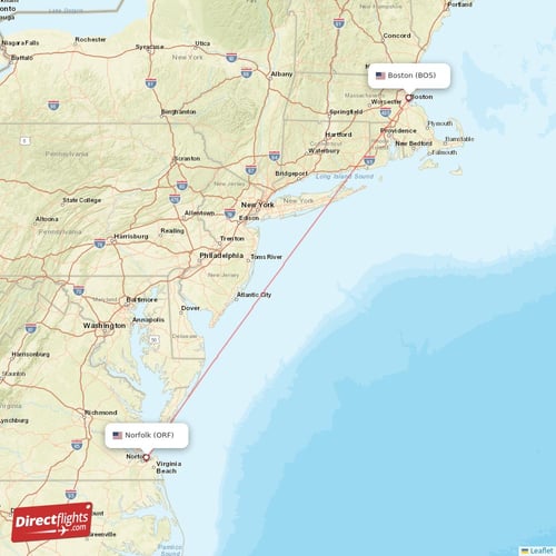 Boston - Norfolk direct flight map