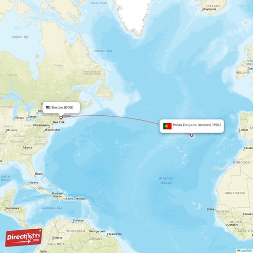 Boston - Ponta Delgada (Azores) direct flight map