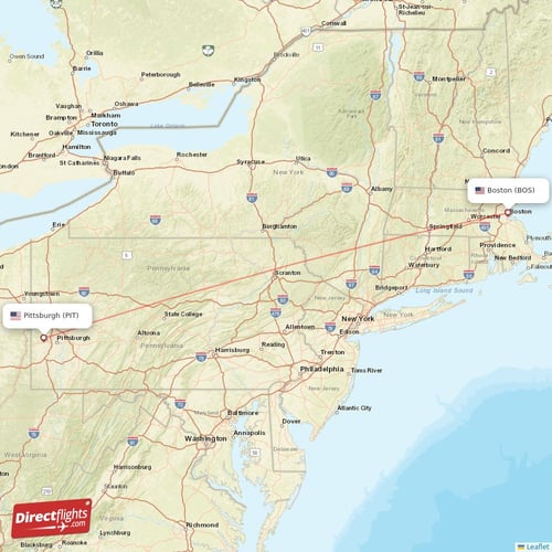 Boston - Pittsburgh direct flight map